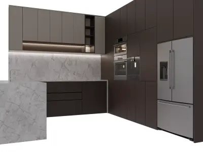 Luxury Minimalist Shaped Kitchen High-End 3D Interior Model 3D model