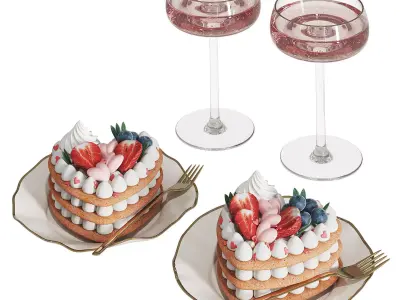 Cakes with champagne glasses 3D model