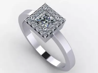 Square Ring with Diamond Halo and Princess Cut Center Stone 3D print model