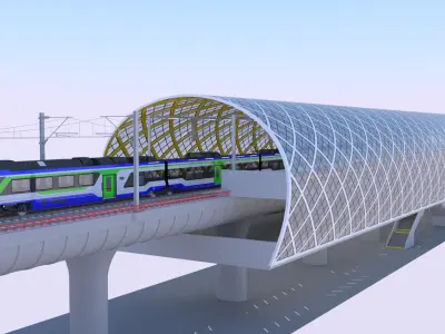 Elevated station with Hitachi HTR 412 3D model