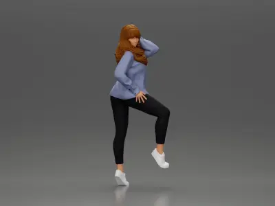 woman in shirt long hair posing with foot resting on motorcycle 3D print model