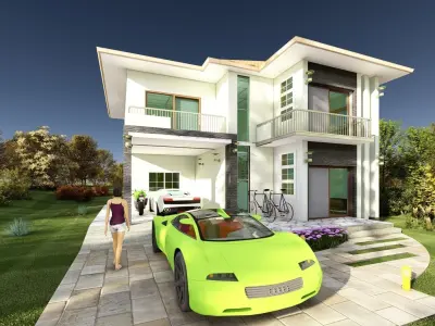 Modern 3d and 2d house plan Low-poly 3D model