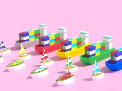 Cartoon Container Ship Yacht Sail Boat Low-poly 3D model