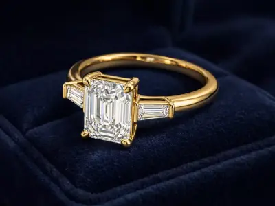 5ct Radiant Cut and Baguette 3 Stone Gold Engagement Ring 3D print model