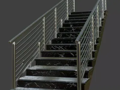 Black Marble Staircase with Stainless Steel Cable Railings 3D model