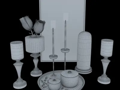decorative set 6 gold candle holders with portrait of woman 3D model
