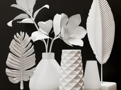 Decorative set gold leaves and vases on table 3D model