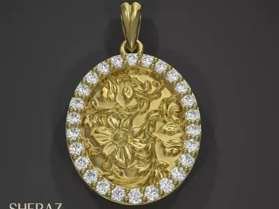 Exquisite Floral Oval Pendant with Diamond Accents 3D print model