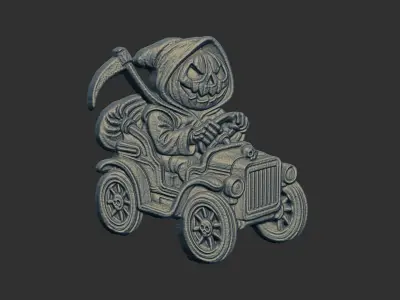 pumpkin grimreaper driving car 3D print model