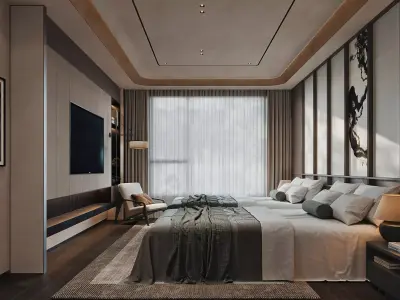 Modern Japanese Twin Hotel Bedroom Interior 3D model
