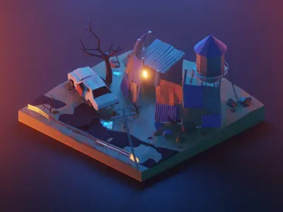 fallout model  with old car and old garage low poly model Low-poly 3D model