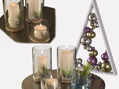 Decor set candles and ornaments on tray 3D model