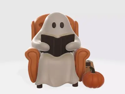 Cozy Ghost Reading in Chair with Pumpkin Cute Halloween  3D print model