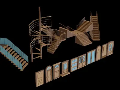 Low poly stairs and doors Low-poly 3D model