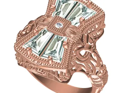 Antique Round and Baguette Diamond Filigree Art Deco Ring 3D print model