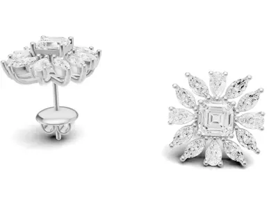 Asscher and Marquise Diamond Flower Stud Earrings 3D print model
