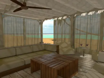 Cabana beach gazebo with curtains and surfboard 3D model