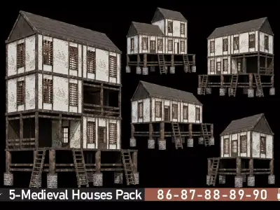Medieval Houses Pack 86-87-88-89-90 - 4K Textures Game Ready Low-poly 3D model