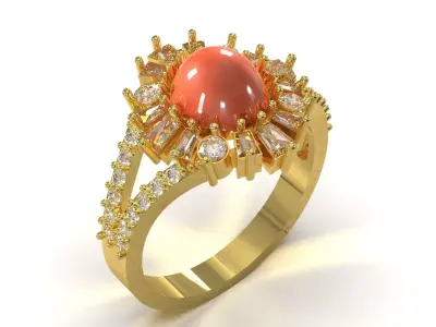 Gold Cabochon Opal Garnet Ring with Radial Diamond Halo jr00271 3D print model