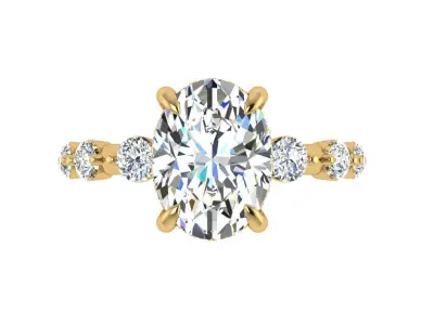 Oval Solitaire ring with under halo 3 stone on side 3D print model