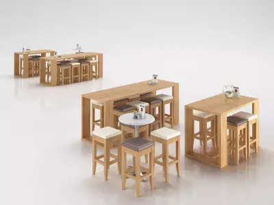 Wooden scandinavian tables and stools 3D model