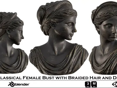 Neoclassical Female Bust with Braided Hair and Diadem Low-poly 3D model