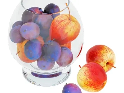 Apples and Plums in a Round Glass Vase 3D model