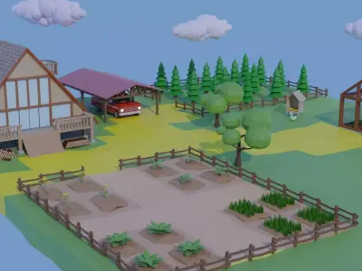 Farm With Rigged Car Low-poly 3D model