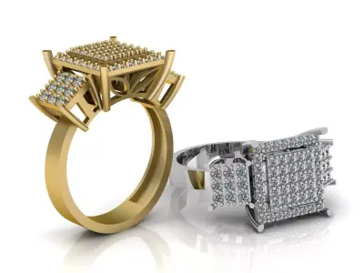 Luxury Square Cluster Diamond Ring 3D print model