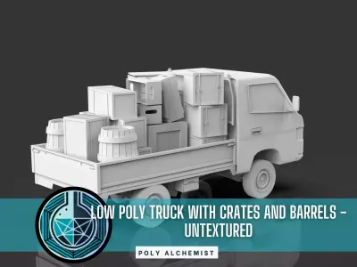 Low Poly Truck With Crates And Barrels - Untextured  Low-poly 3D model