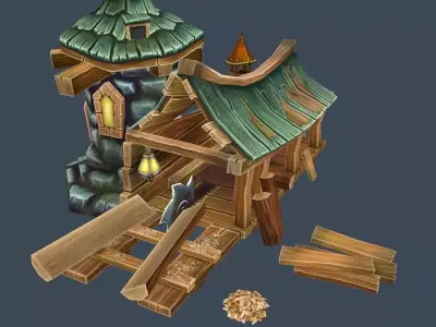 Cartoon Old Wood and Stone Workshop Sawmill 3D Model Low-poly 3D model