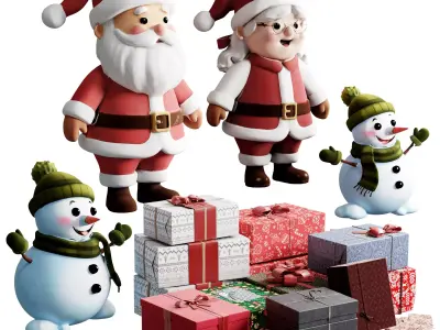 Christmas Gifts Set with Snowman and Santa Claus 07 3D model