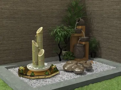 Chinese gold ingot in garden with bamboo water clay 3D model