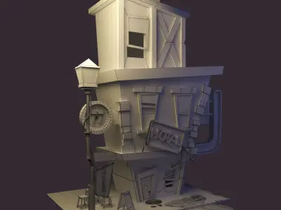 coffeshop street and  hotel  Low-poly 3D model