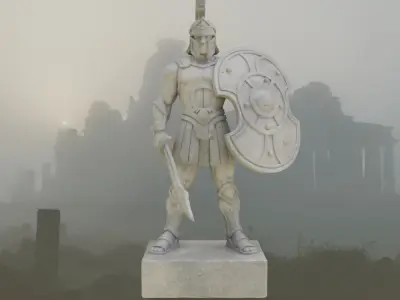 Stylized Ancient Greek Warrior Stone Statue Axe Shield Low-poly 3D model