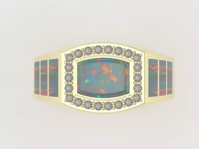 Men Opal Signet Ring 3D Model - Diamond Halo - Print Ready 3D print model