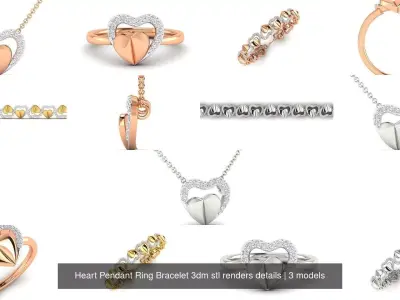 Heart Pendant Ring Bracelet 3dm stl renders details 3D Model Pack