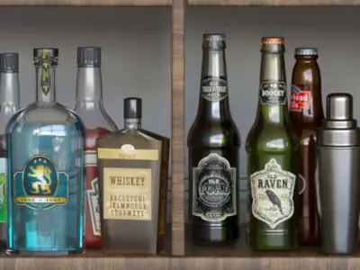 Alcohol set liquor cabinet with bottles and glasses 3D model