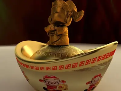 Chinese gold ingot with god of weathy 3D model