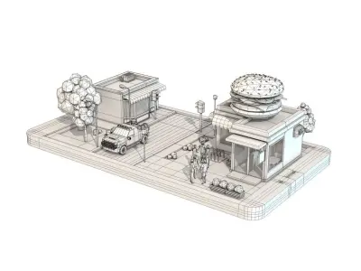 Cartoon Burger Cafe on Phone screen Low-poly 3D model