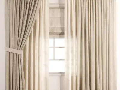 Triple Layer Natural Linen Curtain Set 3D model