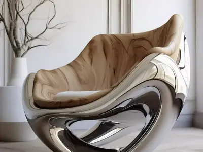 Futuristic Armchair Polished Metal Wood Sculptural Chair 3D Low-poly 3D model