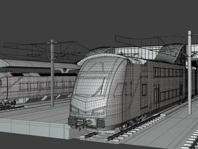 Station with american trains II 3D model