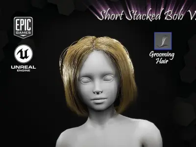 Short Stacked Bob V2 Hairstyle Groom For UE4 Low-poly 3D model