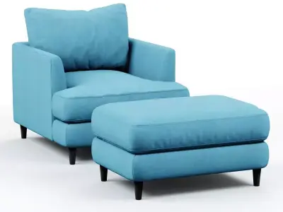 Armchair and pouf blue cloth 3D model