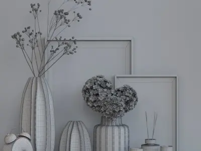 decorative set vases with flowers and clock 3D model