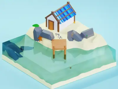 A house on the sand surrounded by water 3D model