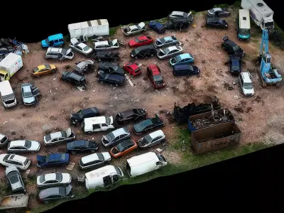 car wreckage abandoned area terrain dronescan Low-poly 3D model