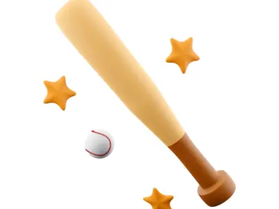 3d baseball ball and bat with stars around the icon 3D model