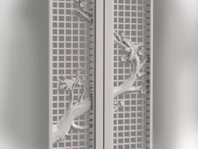 stl model of a door  cherry blossoms and birds for CNC router 3D print model